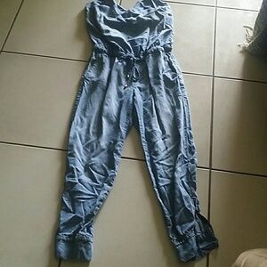 Splendid Drawstring Blue Chambray Denim Jumpsuit  Tank Sleeveless Bodysuit Small